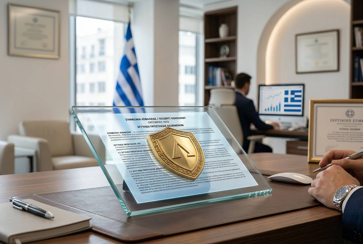 A digital shield and a tablet representing legal gambling in Greece