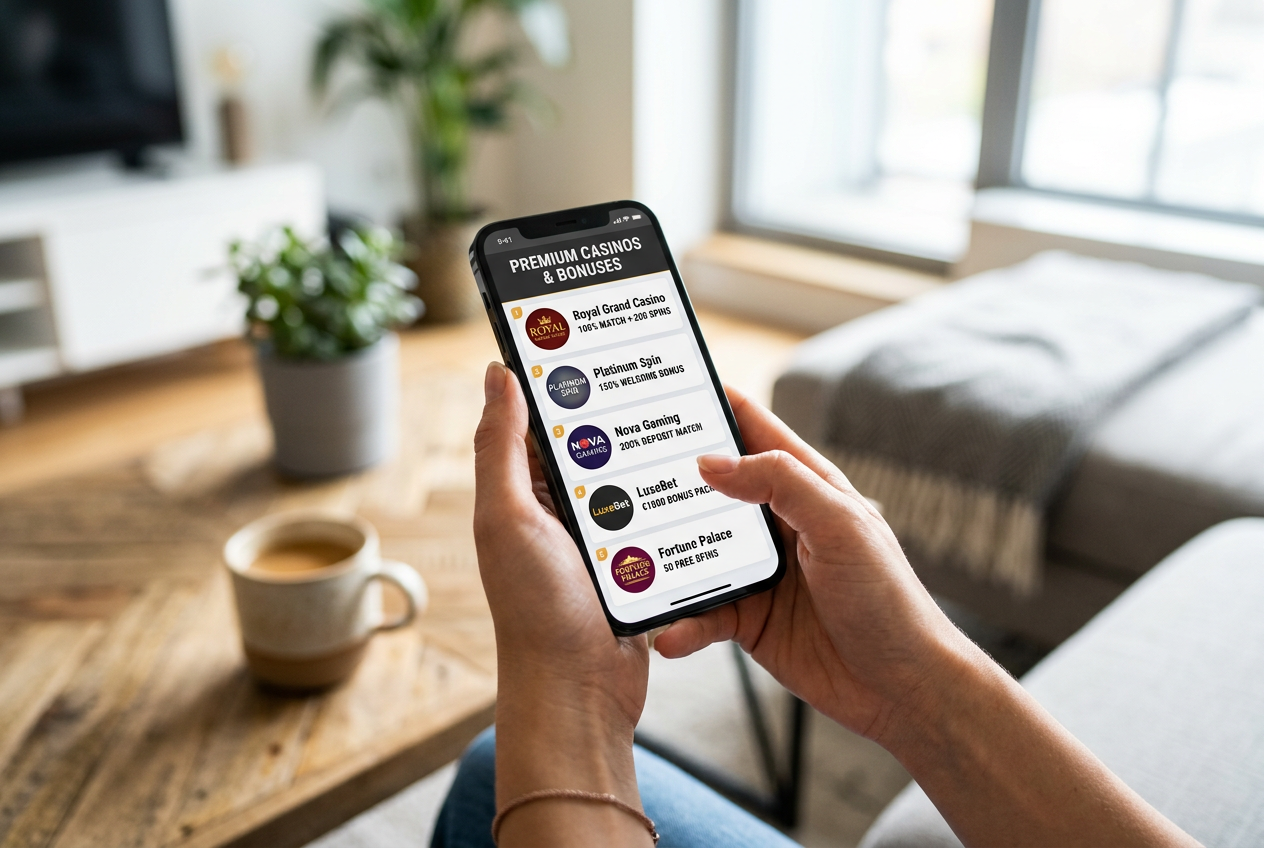 A person using a smartphone to compare different casino bonus offers
