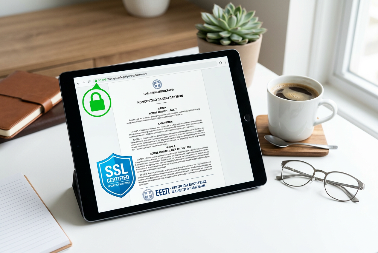 Digital tablet showing legal symbols and Greek gaming certification